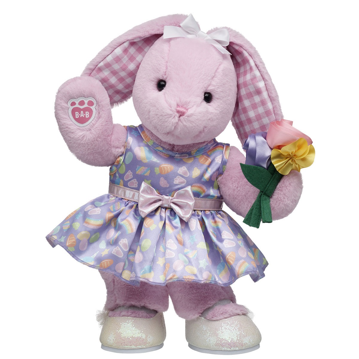Pink Gingham Pawlette Bunny Plush Spring Flowers Gift Set