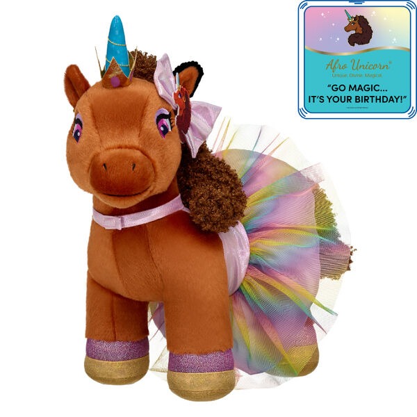 Unique Afro Unicorn Plush with Dress, Bow & ??Go Magic??It??s Your Birthday!?? Song